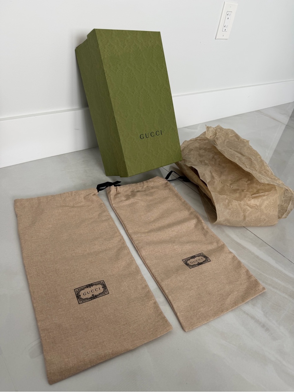 Gucci Mens Green Shoe Box 2 Linen Textured Dust Bags Logo Tissue Paper Inserts